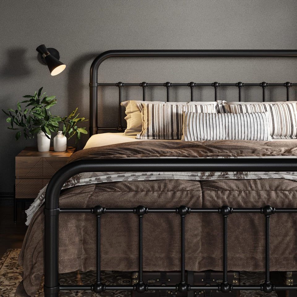 Allewie King Size Metal Platform Bed Frame with Victorian Style Wrought Iron-Art Headboard/Footboard, No Box Spring Required, Black