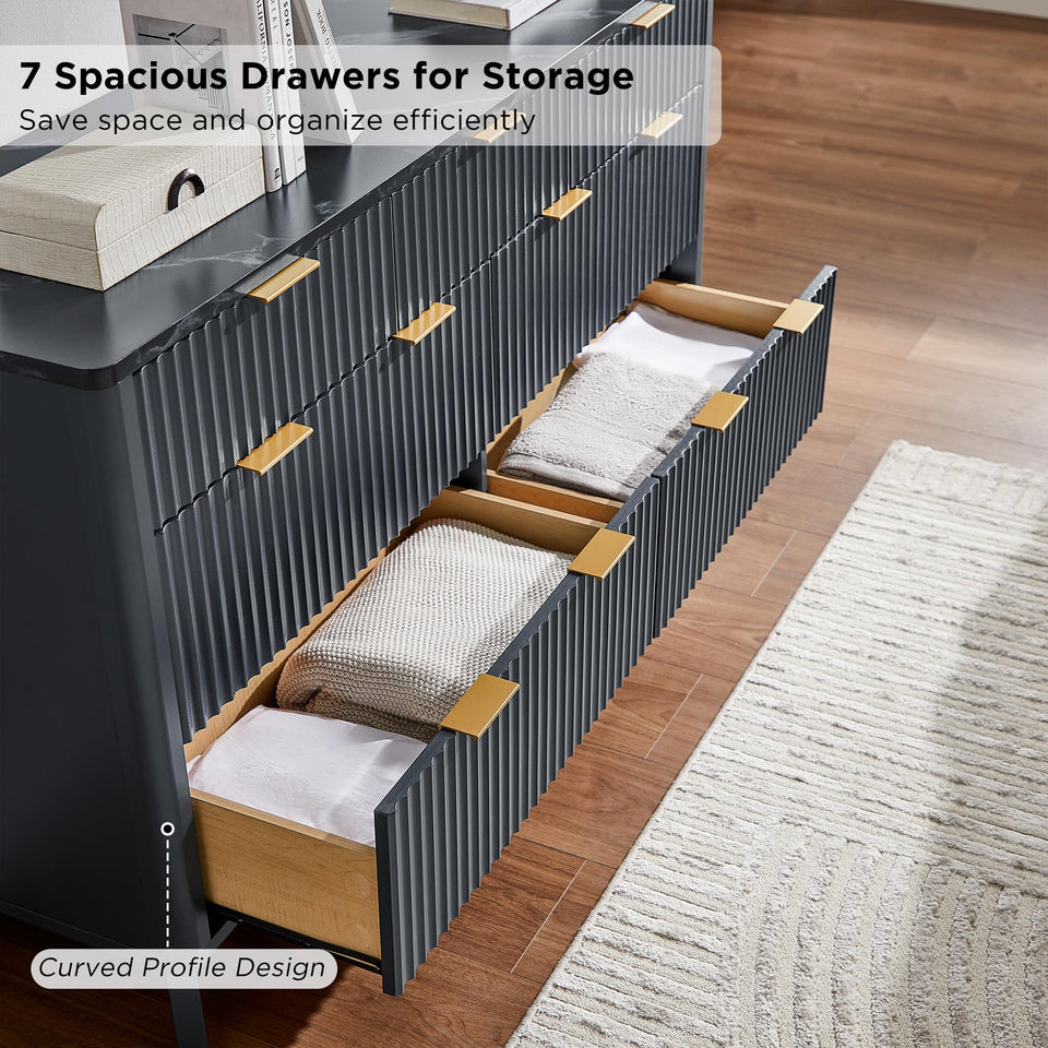 T4TREAM Fluted 7 Drawers Dresser, 54" Wide Modern Chest of Drawers with Faux Marble Top, Curved Profile Design, Dresser TV Stand, Wood Drawer Organizer for Bedroom, Living Room, Hallway, Natural Oak