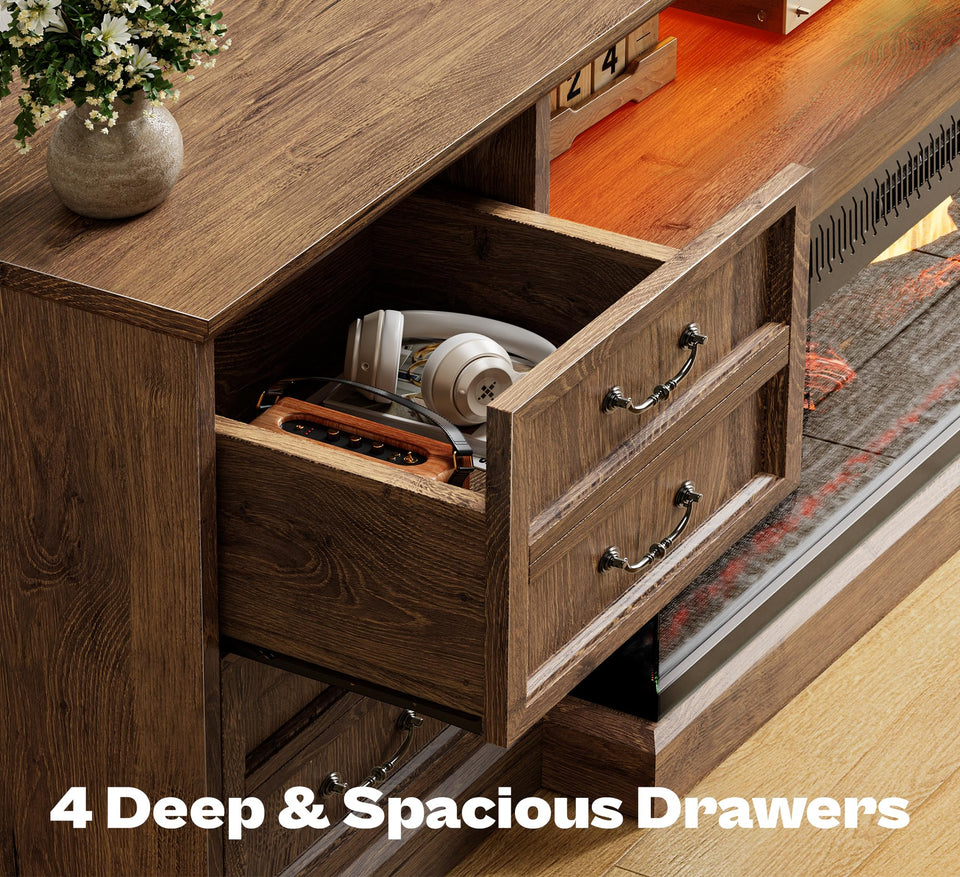 Huuger Fireplace TV Stand with LED Lights for 75 Inch TV, 3-Side Glass Fireplace Entertainment Center, 70 Inch Farmhouse Television Stands Stand with 4 Deep Drawers for Living Room, Brown