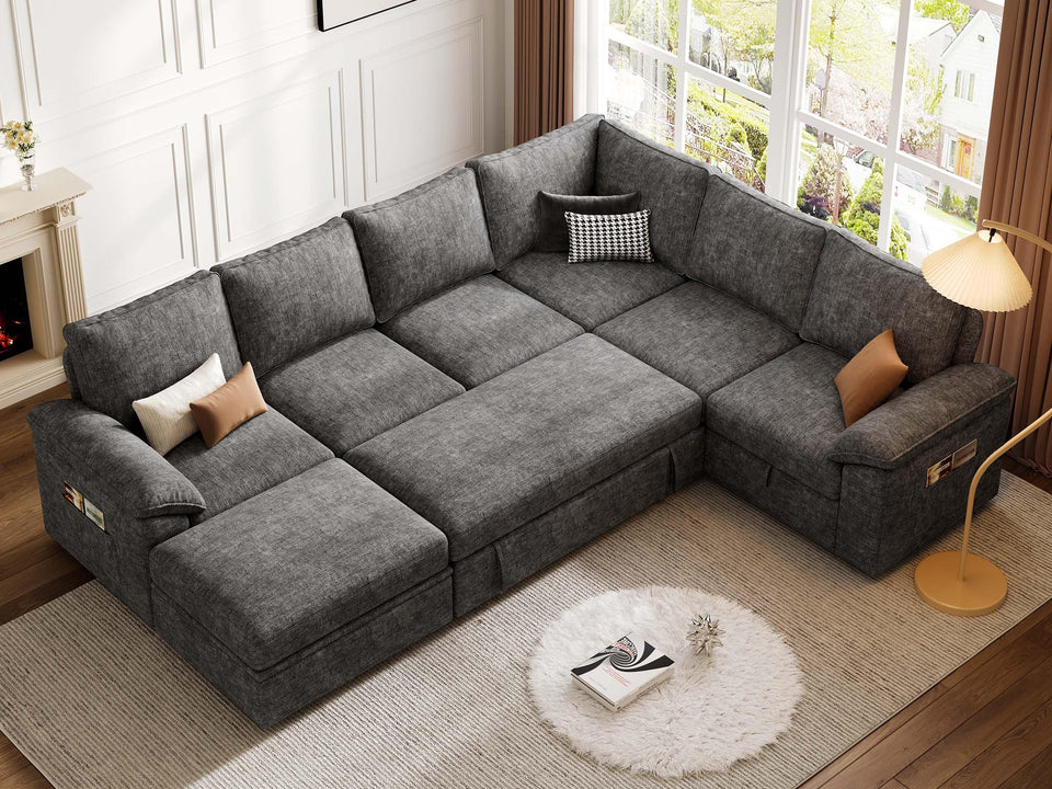 SUAWY 108 Inch Sectional Sleeper Sofa with Pull Out Bed,U Shaped 7 Seat Modular Sectional Sofa with Storage,Sectional Couches for Living Room,Cloud Modular Couch,Removable Sofa Cover,Dark Grey