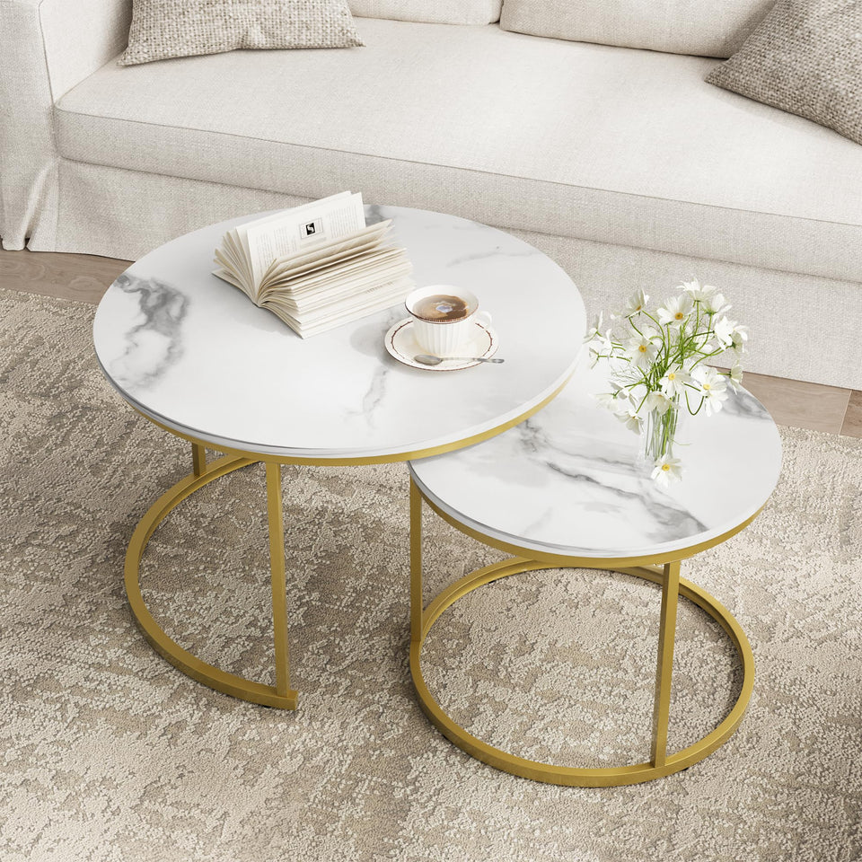 Smuxee Nesting Coffee Table Set of 2, 23.6" Round Coffee Table Wood Grain Top with Adjustable Non-Slip Feet, Industrial End Table Side Tables for Living Room Bedroom Balcony Yard