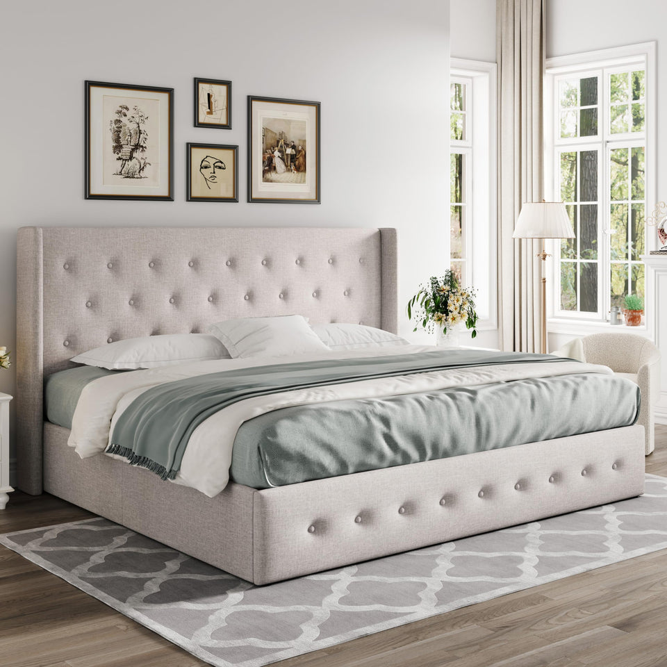 Allewie King Size Lift Up Storage Bed, Modern Wingback Headboard, Hydraulic Support, No Box Spring Needed, Light Beige