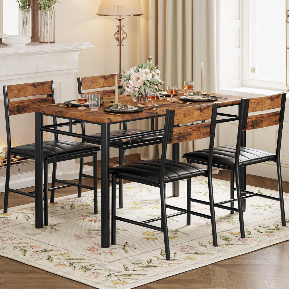 IRONCK Dining Table Set for 4, Wood Kitchen Table with Upholstered Chairs for Kitchen Room and Small Spaces, Rustic Brown