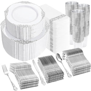 YOUBET 700PCS Silver Plastic Plates - White and Silver Disposable Plates - Silvery Plastic Dinnerware Set - Include 200 Plates, 300 Heavy Duty Silverware, 100 Cups and 100 Napkins for Wedding & Party
