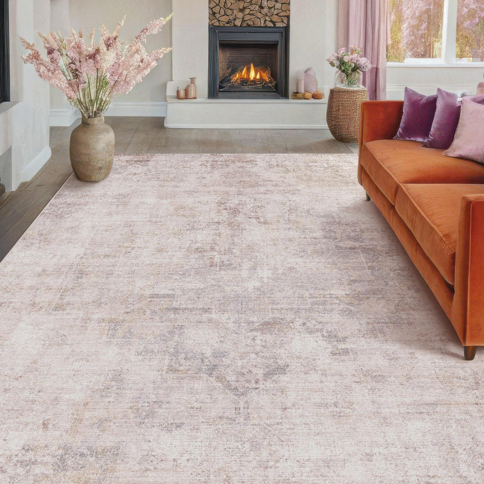 Neutral Living Room Rug - 10x14 Farmhouse Beige Brown Large Area Rug for Dining Room, Bedroom, Low Pile Lightweight Washable