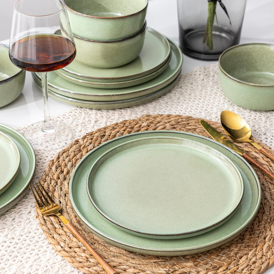 GBHOME Ceramic Dinnerware Sets for 8, 24 Pieces Stoneware Plates and Bowls Sets, Scratch Resistant Dishes, Dishwasher & Microwave Safe, Reactive Glaze-Green Wheat