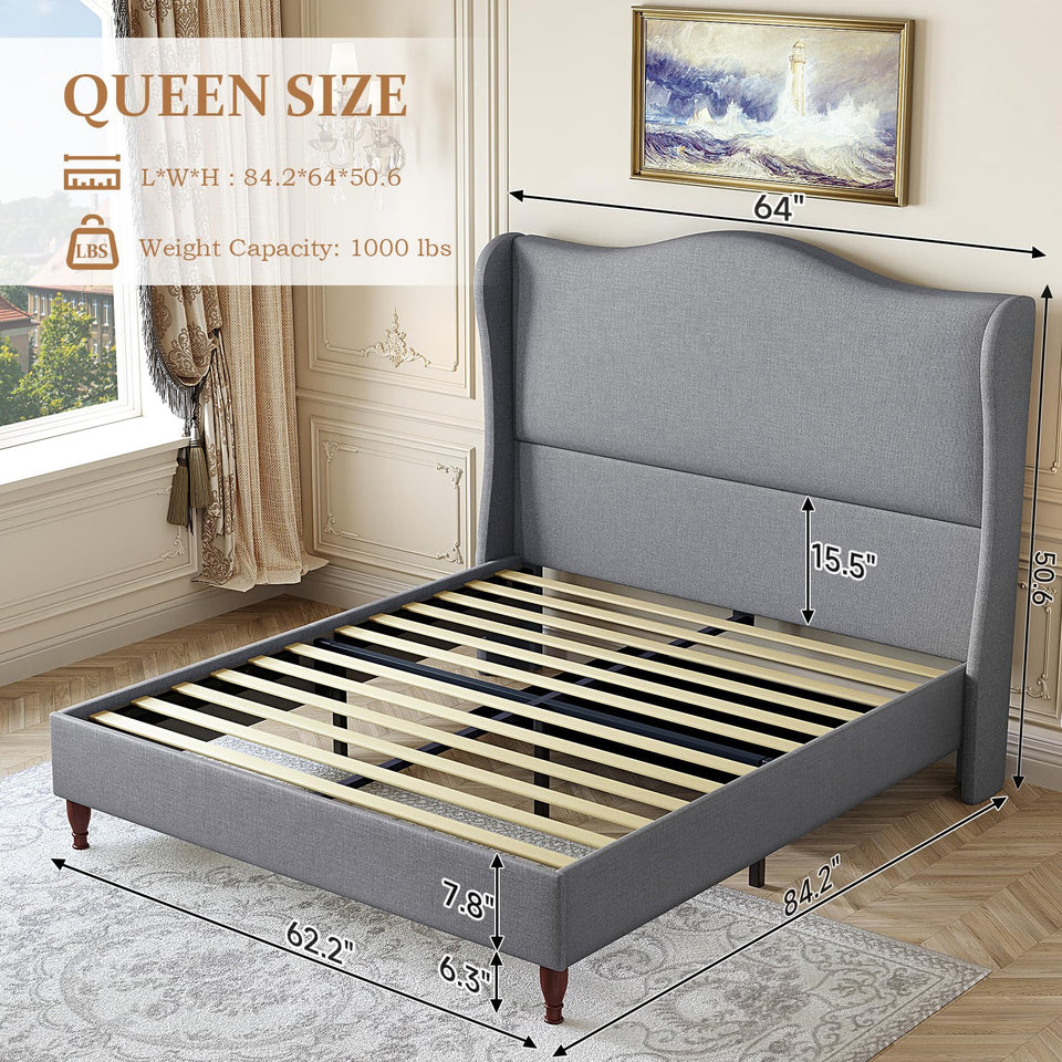 koorlian King Size Bed Frame Upholstered Platform Bed with 51" Tall Headboard Wingback, Soft Fabric, Retro Simple Style Platform Bed No Box Spring Needed, Easy Assembly, Beige