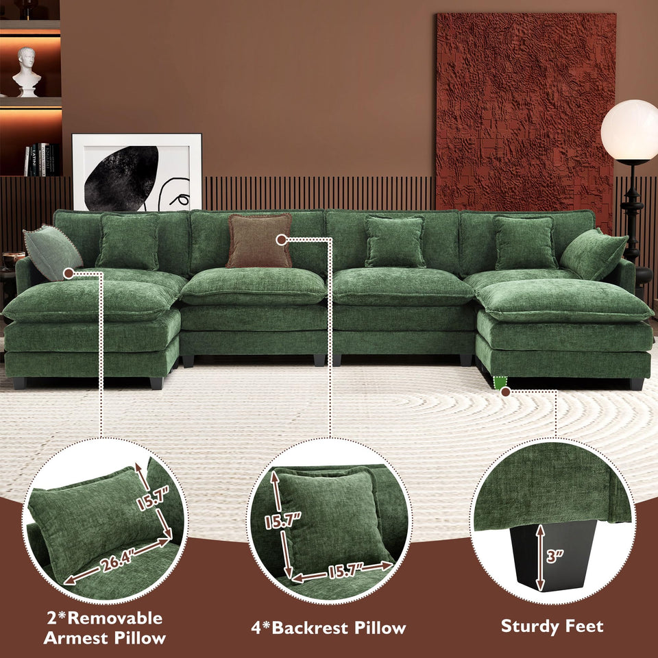 Ihanherry 146" U-Shaped Modern Sofa Modular Sectional Cloud Couch with 2 Ottoman, 6-Seat Chenille Deep Seat Sofa with 6 Pillows for Living Room, Bedroom and Apartment, Grey