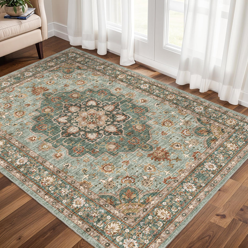 TOPRUUG Washable Oriental Area Rug - 12x15 Rugs for Living Room Soft Carpet for Bedroom Waterproof Floral Distressed Indoor Stain Resistant Non-Shedding Floor Carpets (Green, 12x15)
