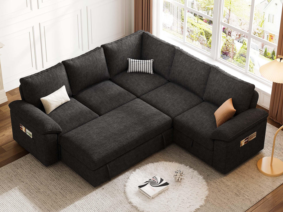 SUAWY 108 Inch Sectional Sleeper Sofa with Pull Out Bed,U Shaped 7 Seat Modular Sectional Sofa with Storage,Sectional Couches for Living Room,Cloud Modular Couch,Removable Sofa Cover,Dark Grey