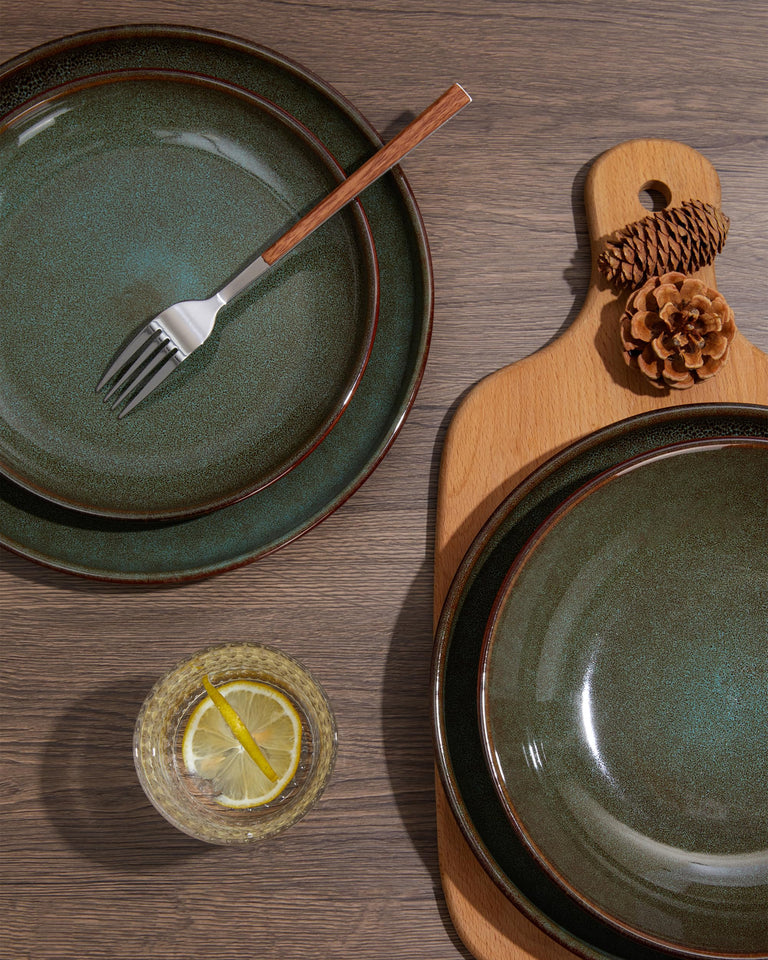 Pokini 24 Piece Dinnerware Sets for 8, Modern Stoneware Plates and Bowls Setst, Perfect for Family Gatherings & Holiday Celebrations, Easy Cleaning Dishes Set, Stack Compactly Dishware, Brown Green