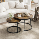Smuxee Nesting Coffee Table Set of 2, 23.6" Round Coffee Table Wood Grain Top with Adjustable Non-Slip Feet, Industrial End Table Side Tables for Living Room Bedroom Balcony Yard
