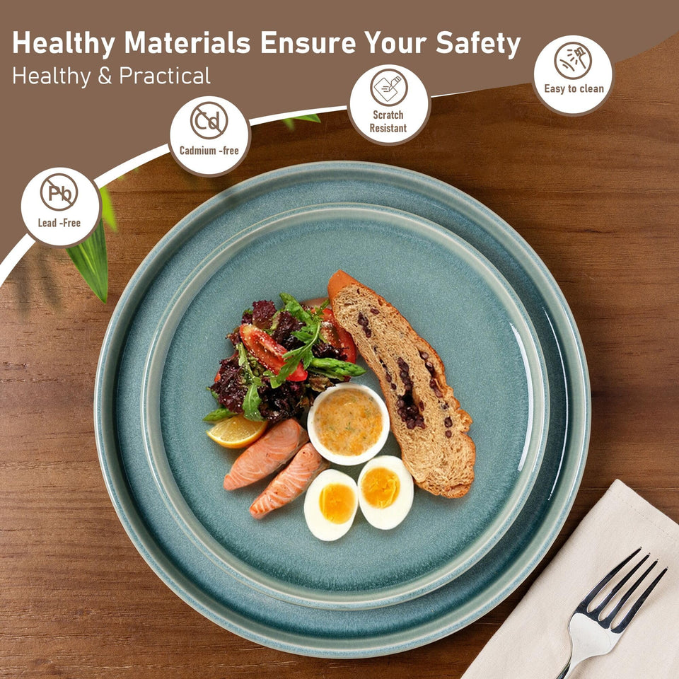 GBHOME Ceramic Dinnerware Sets for 8, 24 Pieces Stoneware Plates and Bowls Sets, Scratch Resistant Dishes, Dishwasher & Microwave Safe, Reactive Glaze-Green Wheat