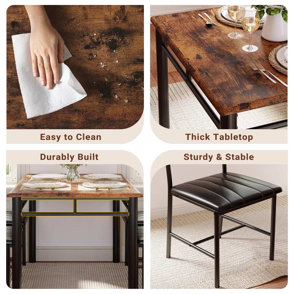 IRONCK Dining Table Set for 4, Wood Kitchen Table with Upholstered Chairs for Kitchen Room and Small Spaces, Rustic Brown