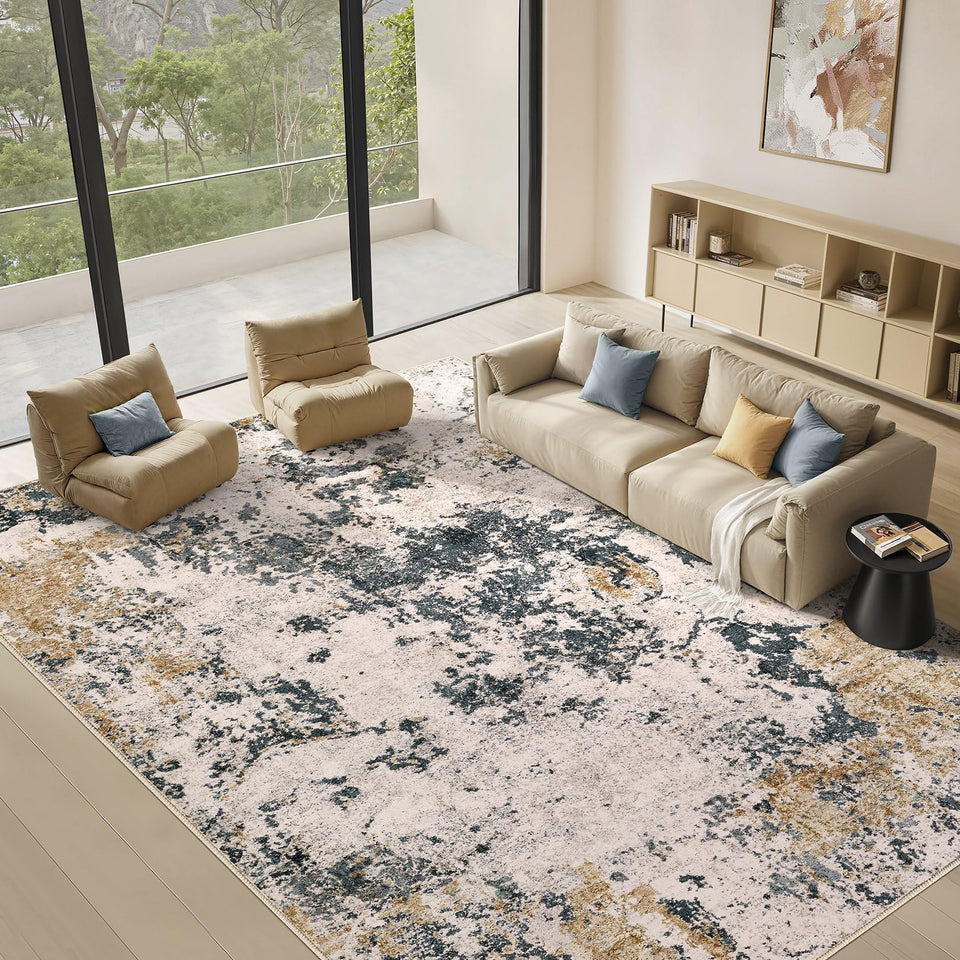 Area Rugs for Living Room: 12x15 Abstract Washable Rug Modern Neutral Large Soft Stain Resistant Non-Slip Backing Machine Table for Bedroom Dining Room Indoor Home Office Carpet - Gold Brown