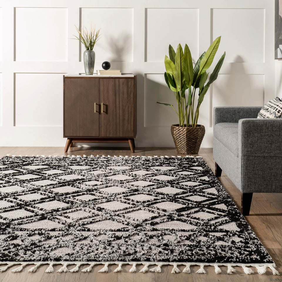 nuLOOM 8x11 Ansley Moroccan Tassel Area Rug, Light Grey, High-Low Textured Bohemian Design, Plush High Pile, Stain Resistant, For Bedroom, Living Room, Hallway, Entryway