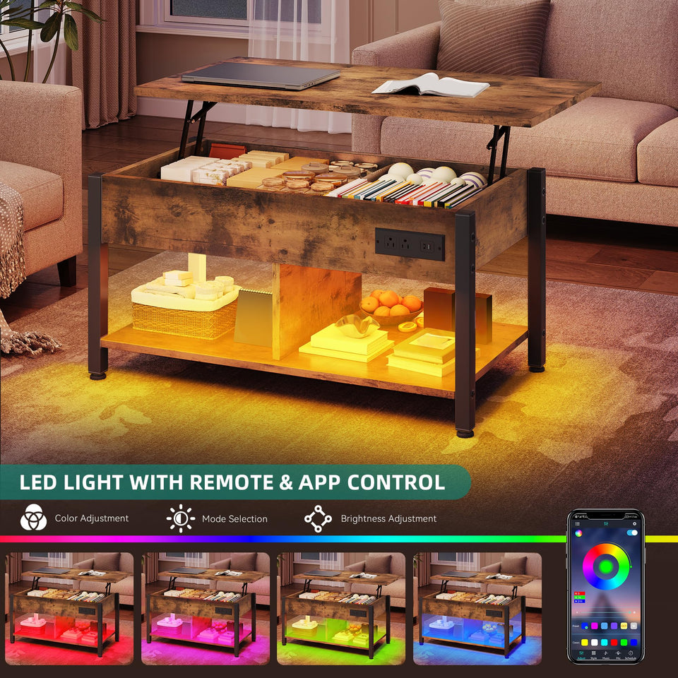 YITAHOME Lift Top Coffee Table with RGB Light, 3-in-1 Coffee Table with Power Outlets, Hidden & Open Storage, Adjustable Height, Wooden Dining Table for Living Room, Home Office, Brown