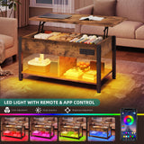 YITAHOME Lift Top Coffee Table with RGB Light, 3-in-1 Coffee Table with Power Outlets, Hidden & Open Storage, Adjustable Height, Wooden Dining Table for Living Room, Home Office, Brown
