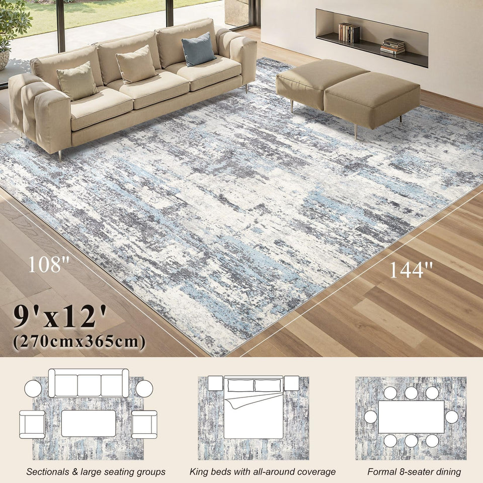 Area Rugs for Living Room: 12x15 Abstract Washable Rug Modern Neutral Large Soft Stain Resistant Non-Slip Backing Machine Table for Bedroom Dining Room Indoor Home Office Carpet - Gold Brown