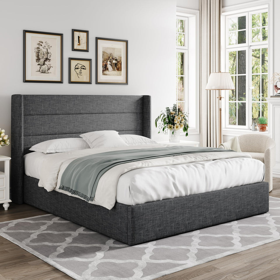 Allewie King Size Lift Up Storage Bed, Modern Wingback Headboard, Hydraulic Support, No Box Spring Needed, Light Beige