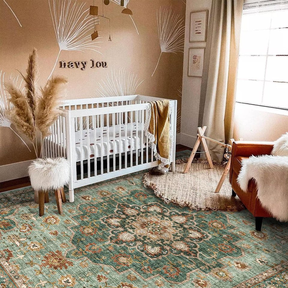 TOPRUUG Washable Oriental Area Rug - 12x15 Rugs for Living Room Soft Carpet for Bedroom Waterproof Floral Distressed Indoor Stain Resistant Non-Shedding Floor Carpets (Green, 12x15)