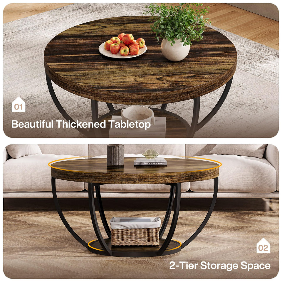 Tribesigns Round Coffee Table, 31.7" Wooden 2-Tier Circle Coffee Table with Storage Shelves, Modern Accent Cocktail Table Center Table for Living Room, Rustic Brown