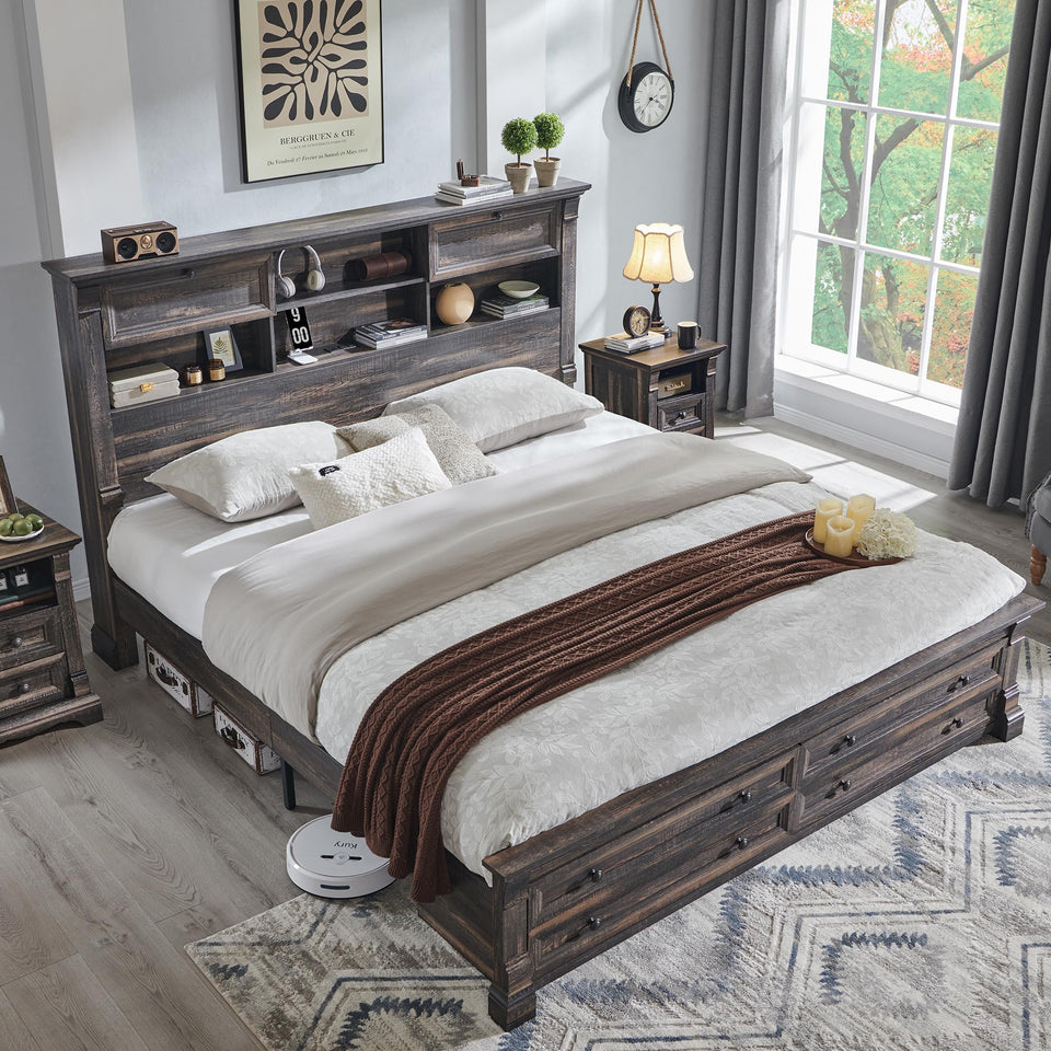 Farmhouse King Size Bed Frame with 54" Tall Storage Bookcase Headboard, Wood Platform Bed Frame with 2 Drawers & 18" Tall Roman Column Decoration Footboard, No Box Spring Needed(Antique White)