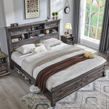 Farmhouse King Size Bed Frame with 54" Tall Storage Bookcase Headboard, Wood Platform Bed Frame with 2 Drawers & 18" Tall Roman Column Decoration Footboard, No Box Spring Needed(Antique White)