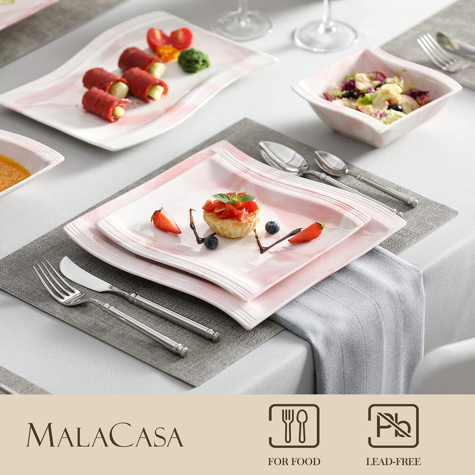 MALACASA Ivory White Dinnerware Sets, 30-Piece Porcelain Plates and Bowls Sets, Modern Dish Set for 6, Square Plates Dinnerware Set Kitchen Dishware Sets, Microwave and Dishwasher Safe, Series Flora