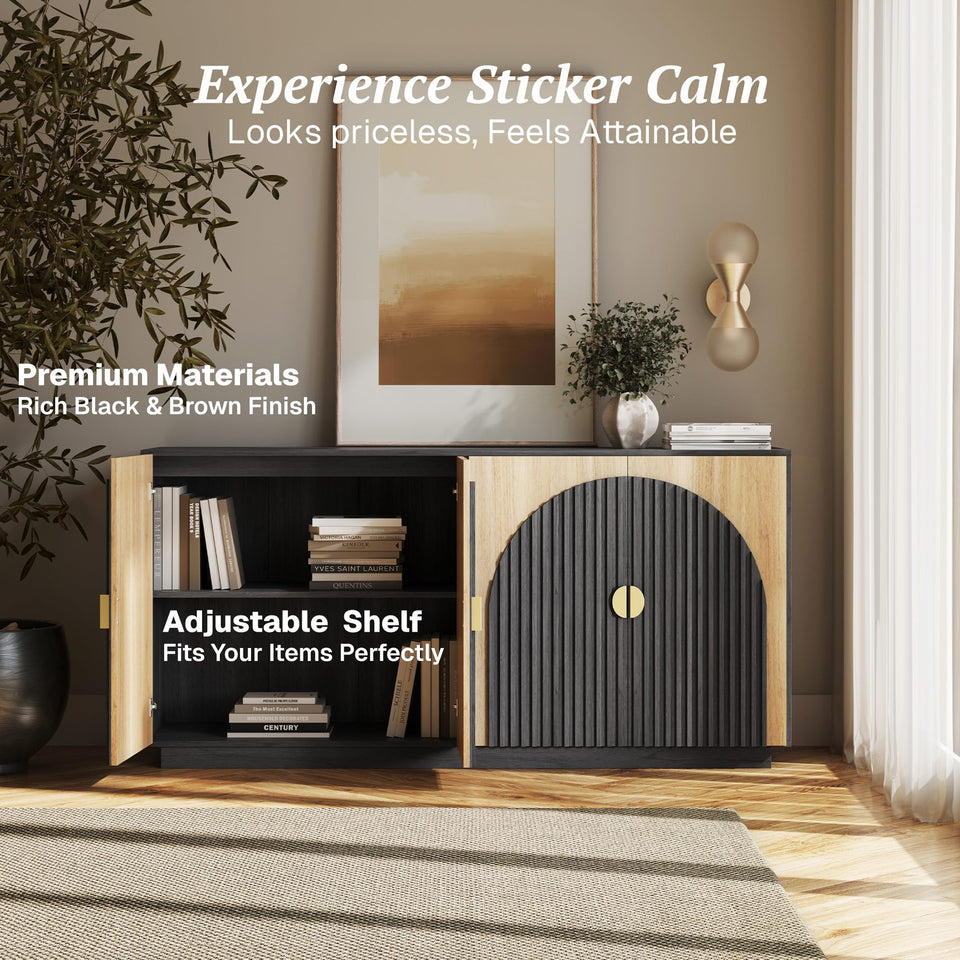 BELLEZE 65 Inch Fluted Buffet Cabinet with Storage, Symmetrical Arc Accent Sideboard Large Console Table for Dining Room, Kitchen, and Living Room (Caramel Brown)