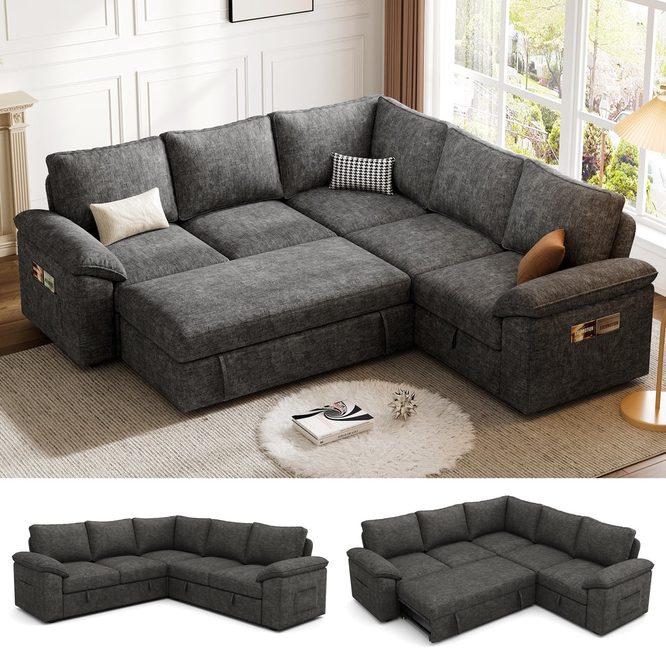 SUAWY 108 Inch Sectional Sleeper Sofa with Pull Out Bed,U Shaped 7 Seat Modular Sectional Sofa with Storage,Sectional Couches for Living Room,Cloud Modular Couch,Removable Sofa Cover,Dark Grey