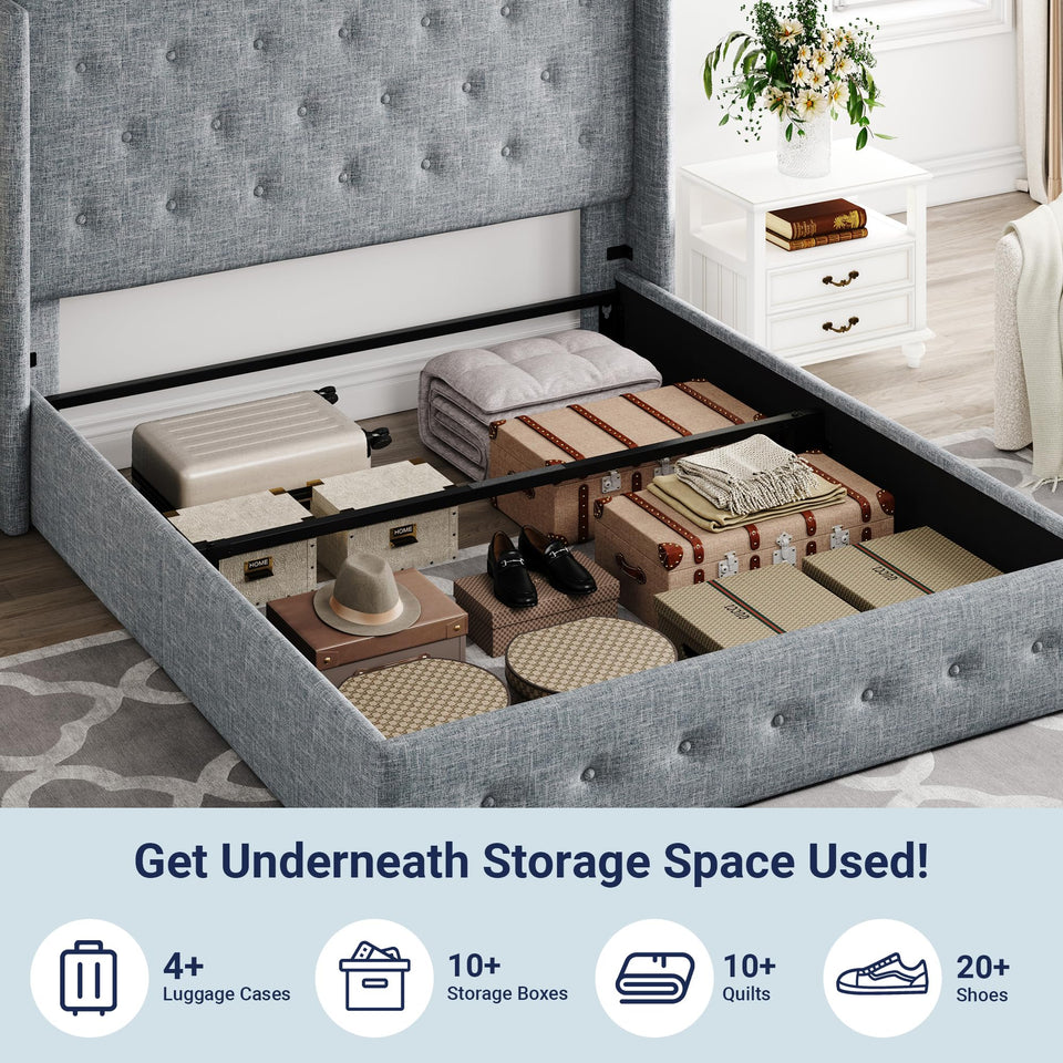 Allewie King Size Lift Up Storage Bed, Modern Wingback Headboard, Hydraulic Support, No Box Spring Needed, Light Beige