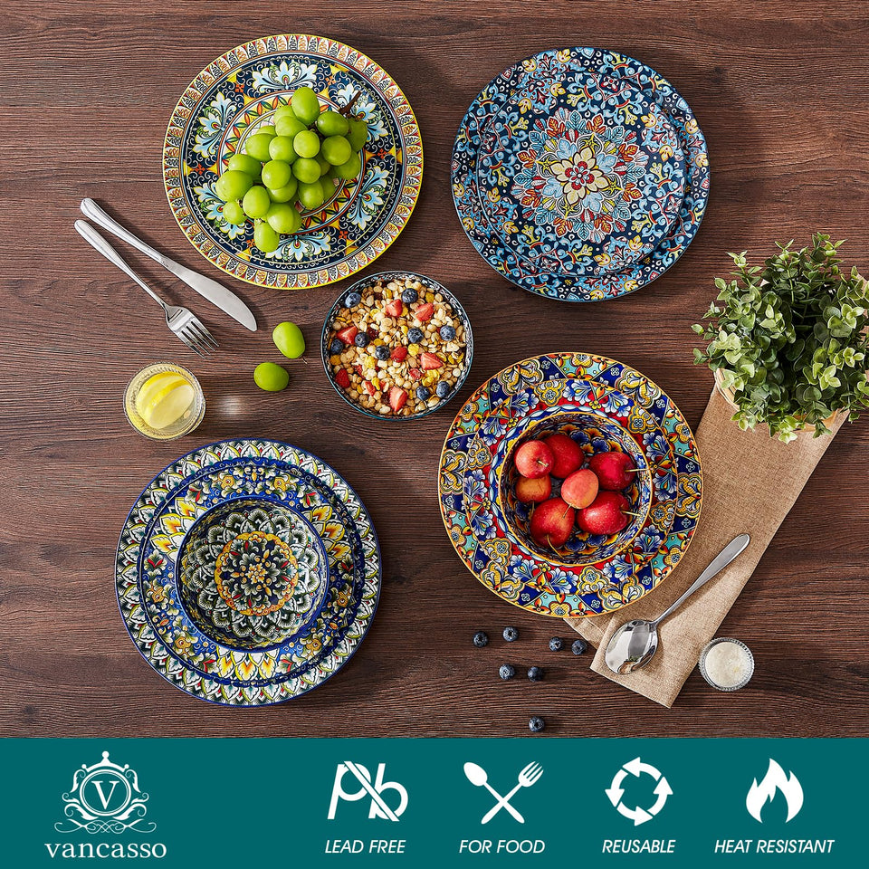 vancasso 24 Pieces Dinnerware Sets, Plates and Bowls Set, Porcelain Dishes Set for 6, Microwave and Dishwasher Safe, Scratch Resistant, Bohemian Style Dining Ware Service for 6, Series SIMI