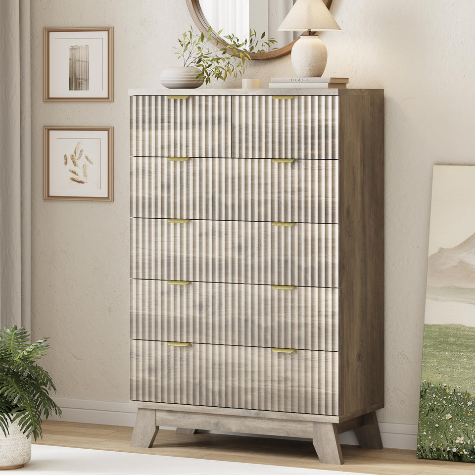 Fluted Dresser for Bedroom with 9 Drawers, 57" Wide Modern Chest of Drawers with Metal Handle, Wooden Dresser TV Stand, Wood Closet Clothes Storage Organizer for Living Room, Hallway, Natural Oak