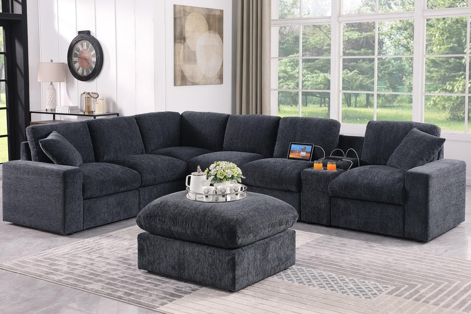 YOPTO 127" L-Shaped Sectional Couch with Movable Ottoman & 6 Throw Pillows,7 Seat Chenille Upholstered Sofa W/2 Cup Holder,USB Port & Hidden Storage Box,DIY Combination,for Living Room,Apartment,Beige