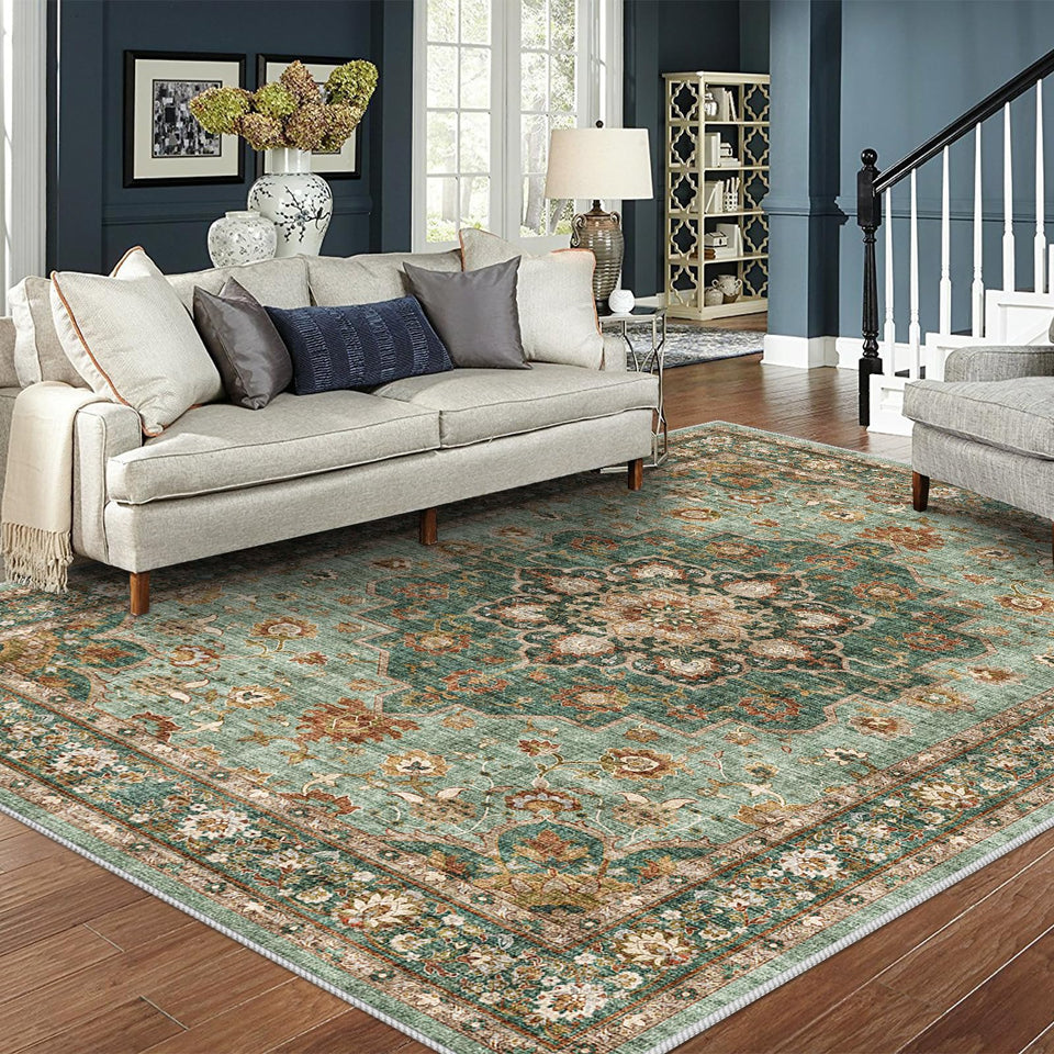TOPRUUG Washable Oriental Area Rug - 12x15 Rugs for Living Room Soft Carpet for Bedroom Waterproof Floral Distressed Indoor Stain Resistant Non-Shedding Floor Carpets (Green, 12x15)