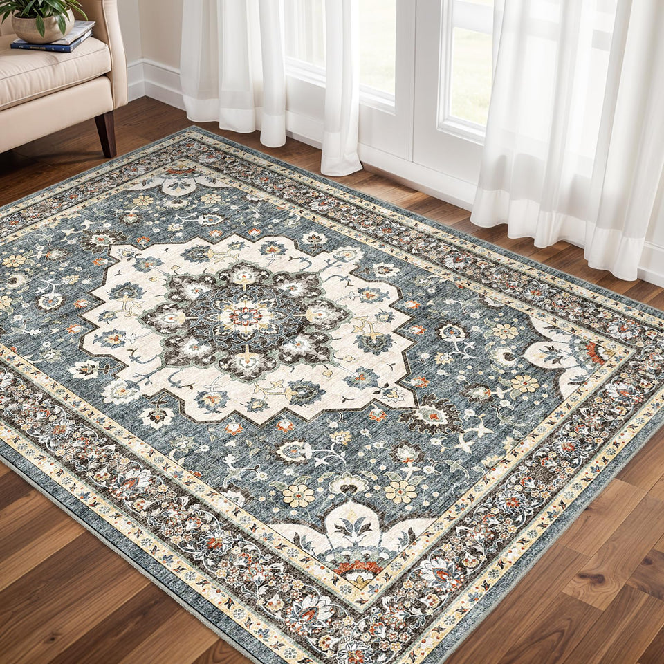 TOPRUUG Washable Oriental Area Rug - 12x15 Rugs for Living Room Soft Carpet for Bedroom Waterproof Floral Distressed Indoor Stain Resistant Non-Shedding Floor Carpets (Green, 12x15)
