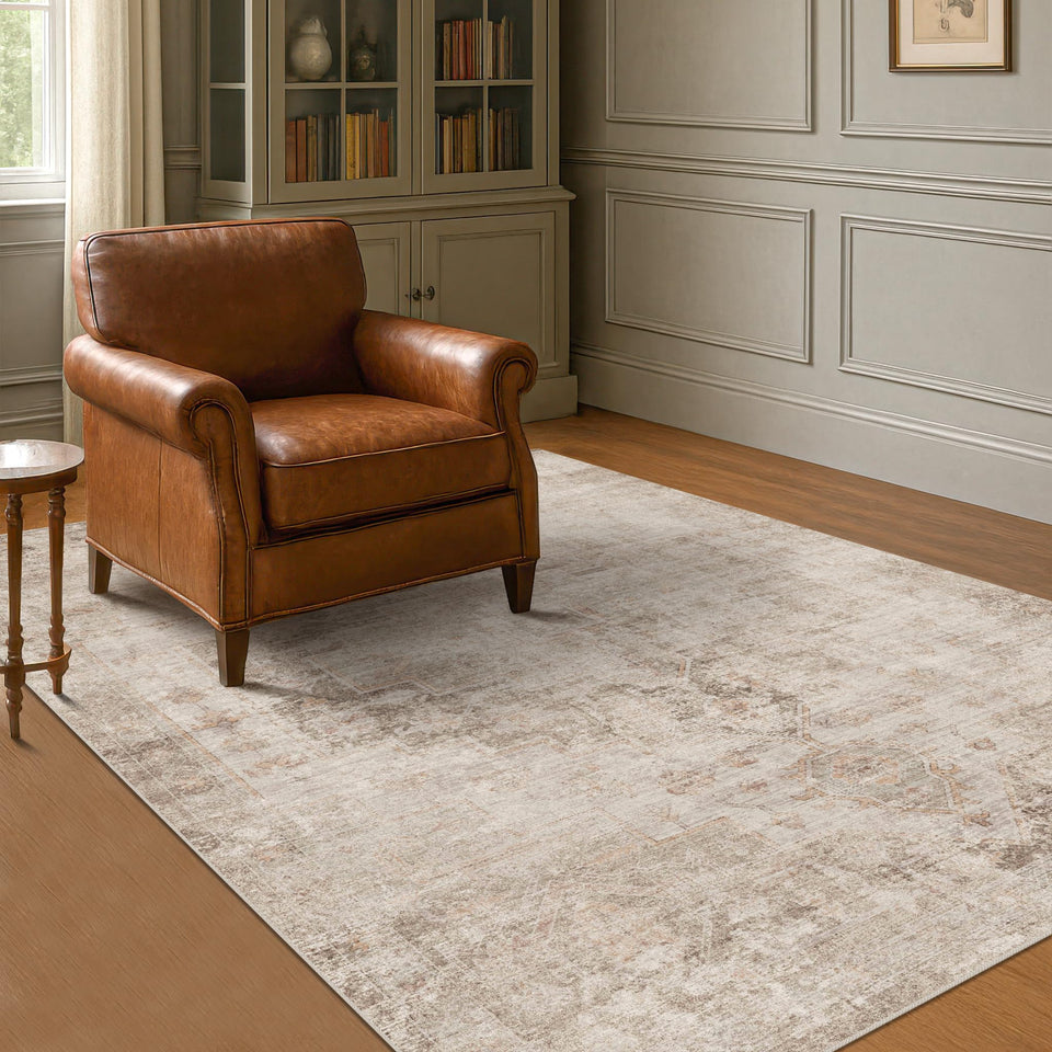 Neutral Living Room Rug - 10x14 Farmhouse Beige Brown Large Area Rug for Dining Room, Bedroom, Low Pile Lightweight Washable