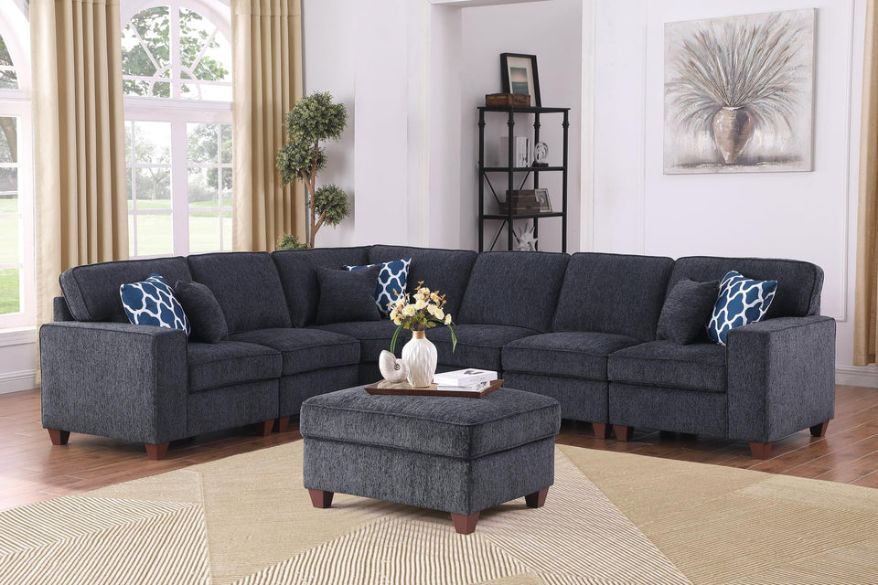 YOPTO 127" L-Shaped Sectional Couch with Movable Ottoman & 6 Throw Pillows,7 Seat Chenille Upholstered Sofa W/2 Cup Holder,USB Port & Hidden Storage Box,DIY Combination,for Living Room,Apartment,Beige