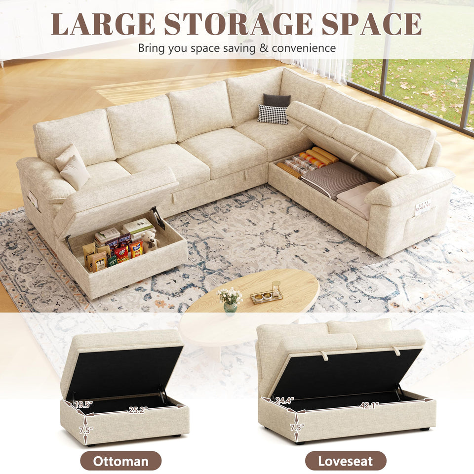 SUAWY 108 Inch Sectional Sleeper Sofa with Pull Out Bed,U Shaped 7 Seat Modular Sectional Sofa with Storage,Sectional Couches for Living Room,Cloud Modular Couch,Removable Sofa Cover,Dark Grey