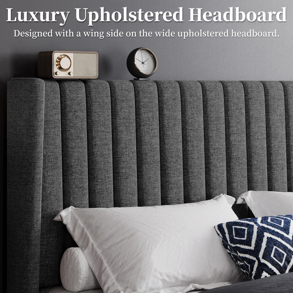 Yaheetech King Bed Frame Upholstered Platform Bed with Fabric Headboard, Wing Edge Design/Non-Slip and Noise-Free/Wooden Slats Support/No Box Spring Needed/Easy Assembly, Ivory King Bed