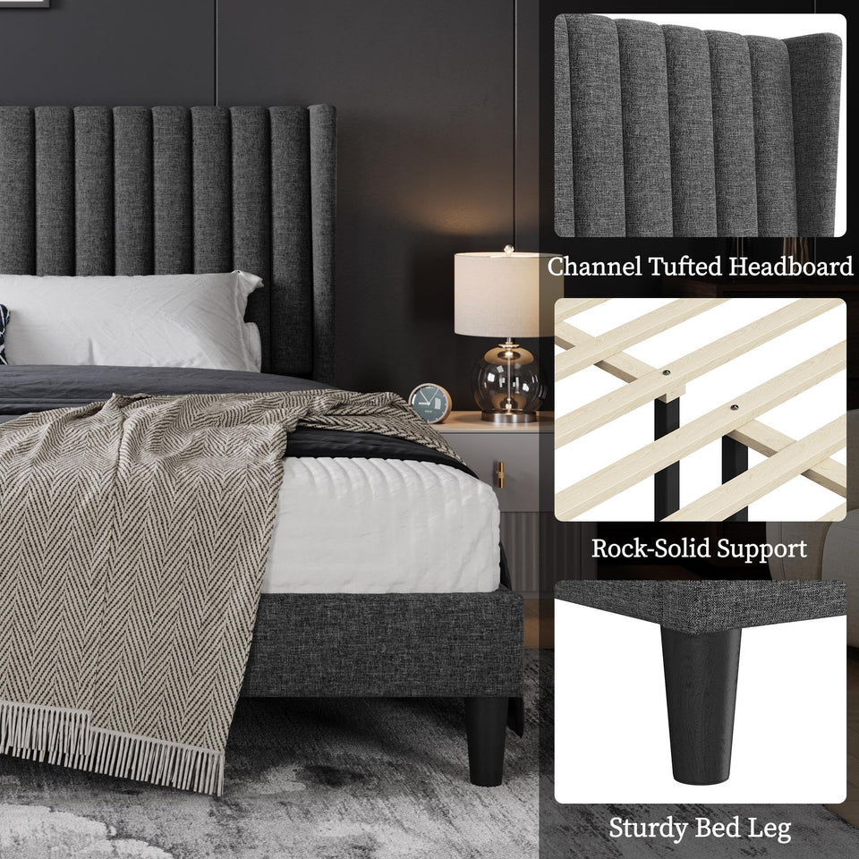 Yaheetech King Bed Frame Upholstered Platform Bed with Fabric Headboard, Wing Edge Design/Non-Slip and Noise-Free/Wooden Slats Support/No Box Spring Needed/Easy Assembly, Ivory King Bed