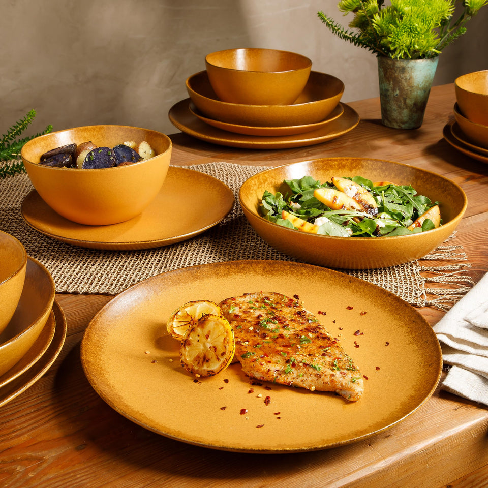 Bloomhouse Santorini Mist Double Bowl Terracotta Reactive Glaze Plates and Bowls Dinnerware Set - Amber, Service for Four (16pcs)
