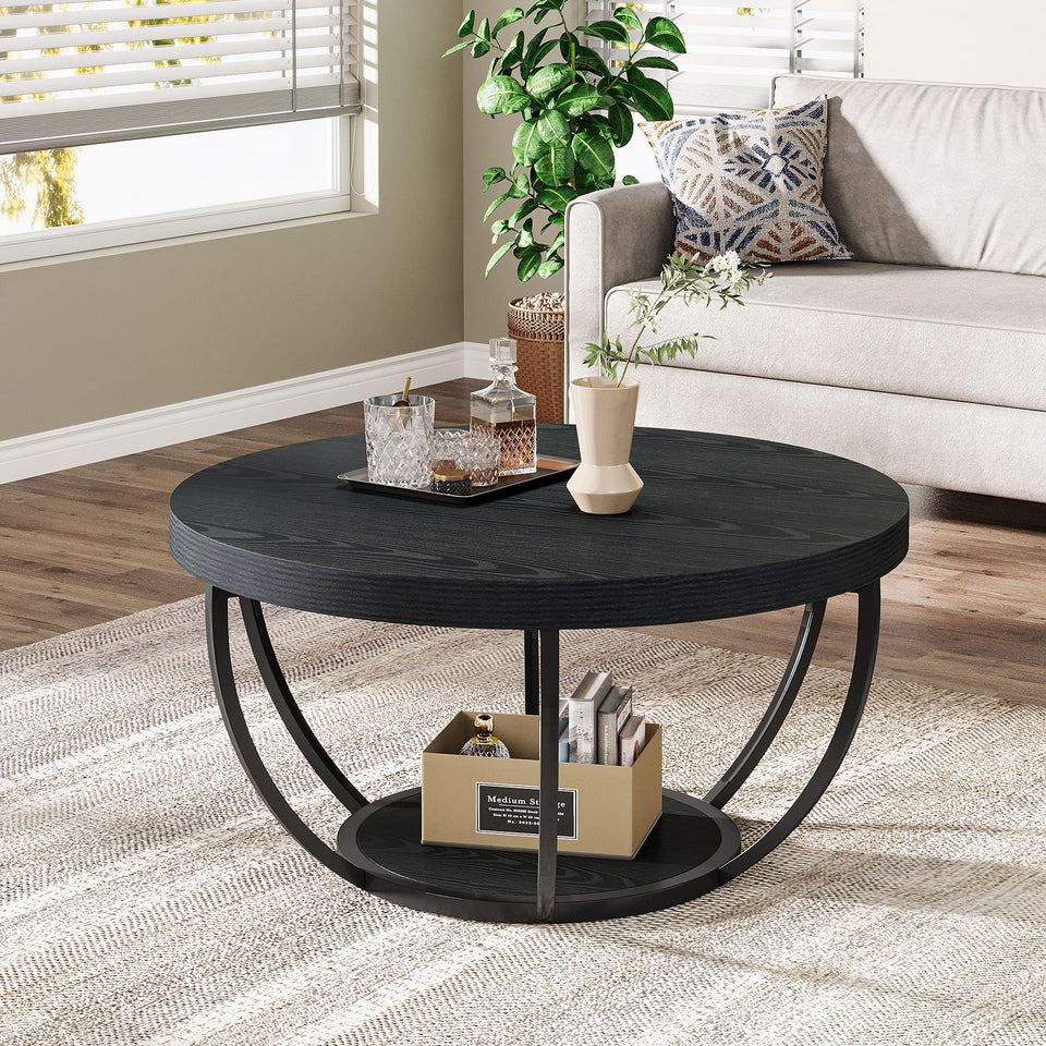 Tribesigns Round Coffee Table, 31.7" Wooden 2-Tier Circle Coffee Table with Storage Shelves, Modern Accent Cocktail Table Center Table for Living Room, Rustic Brown