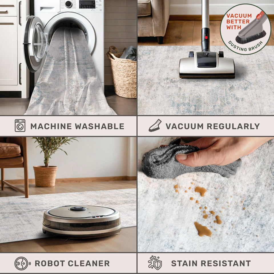 Neutral Living Room Rug - 10x14 Farmhouse Beige Brown Large Area Rug for Dining Room, Bedroom, Low Pile Lightweight Washable