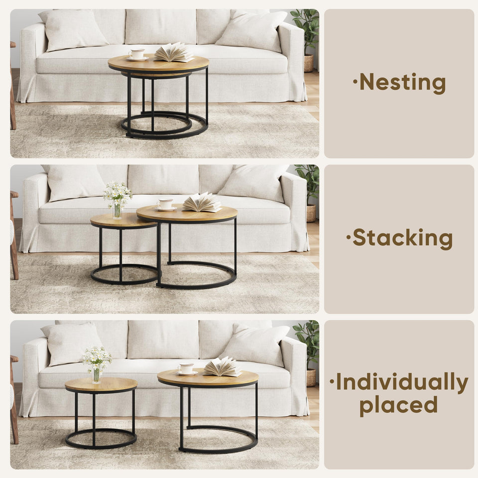Smuxee Nesting Coffee Table Set of 2, 23.6" Round Coffee Table Wood Grain Top with Adjustable Non-Slip Feet, Industrial End Table Side Tables for Living Room Bedroom Balcony Yard