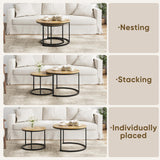 Smuxee Nesting Coffee Table Set of 2, 23.6" Round Coffee Table Wood Grain Top with Adjustable Non-Slip Feet, Industrial End Table Side Tables for Living Room Bedroom Balcony Yard