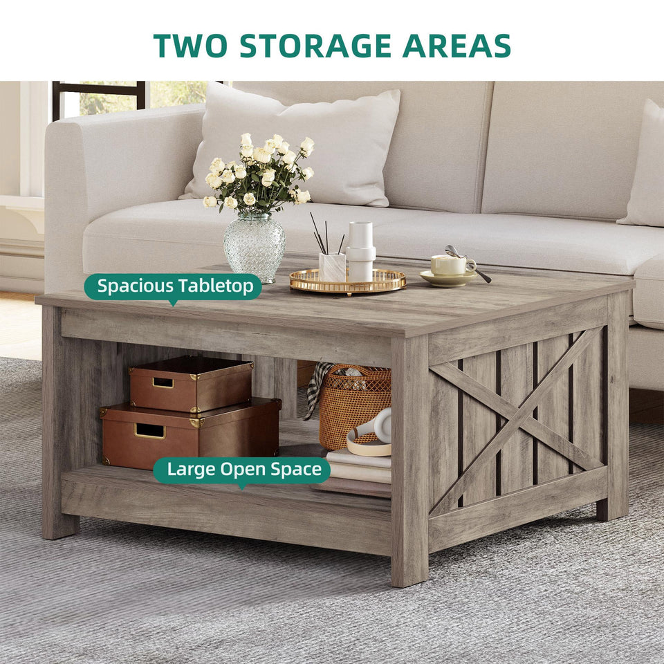 YITAHOME Coffee Table Farmhouse Coffee Table with Storage Rustic Wood Cocktail Table, Square Coffee Tables for Living Meeting Room with Half Open Storage Compartment, Grey Wash