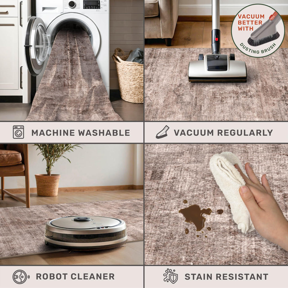 Neutral Living Room Rug - 10x14 Farmhouse Beige Brown Large Area Rug for Dining Room, Bedroom, Low Pile Lightweight Washable