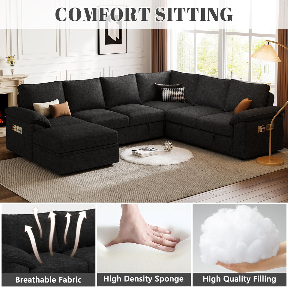 SUAWY 108 Inch Sectional Sleeper Sofa with Pull Out Bed,U Shaped 7 Seat Modular Sectional Sofa with Storage,Sectional Couches for Living Room,Cloud Modular Couch,Removable Sofa Cover,Dark Grey